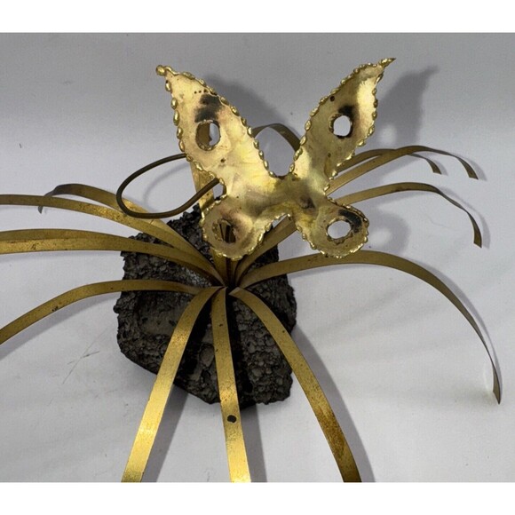 Torched Brass Mid Century Brutalist Butterfly In Grass Sculpture Lava Rock - Picture 2 of 4